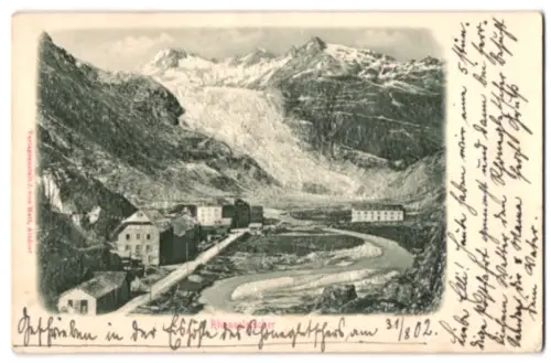 Relief-AK Rhonegletscher, Strasse mit Gebäuden u. Gletscher aus der Vogelschau