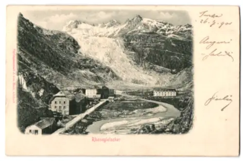 Relief-AK Rhonegletscher, Strassenpartie mit Gebäuden u. Gletscher aus der Vogelschau