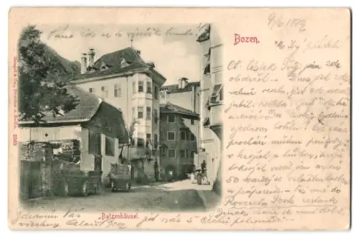 Relief-AK Bozen, Gasthaus Batzenhäusel mit Strasse, Karren, Holzlager