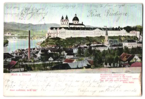 Relief-AK Melk a. Donau, Ortsansicht mit Stift und Donaupartie, Fabrikschlot, Gebirgszug, Gedicht