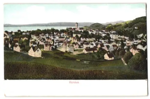 Relief-AK Heiden, Totalansicht mit Feldern, Gewässer u. Bergpanorama