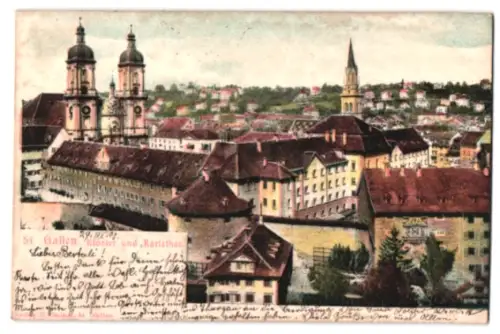 Relief-AK St. Gallen, Teilansicht mit Kloster und Karlsthor aus der Vogelschau