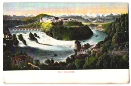 Relief-AK Rheinfall, Ortspanorama mit Viadukt, Gebäuden u. Alpen aus der Vogelschau