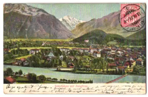 Relief-AK Interlaken, Gesamtansicht mit Jungfrau aus der Vogelschau, Brücke