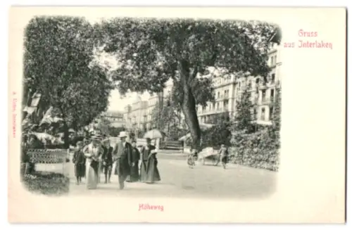 Relief-AK Interlaken, Höheweg, Strassenpartie mit Spaziergängern, Schirm, Karren