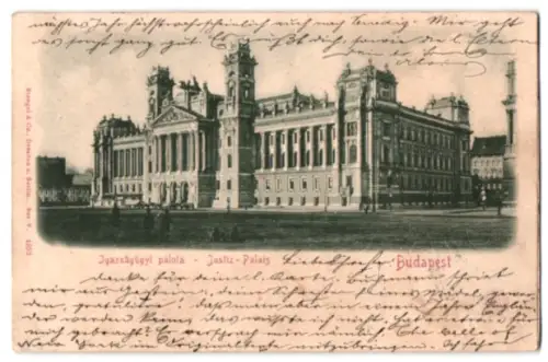 Relief-AK Budapest, Justiz-Palast, Frontansicht, Panorama