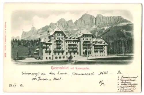 Relief-AK Karersee, Karerseehotel mit Rosengarten