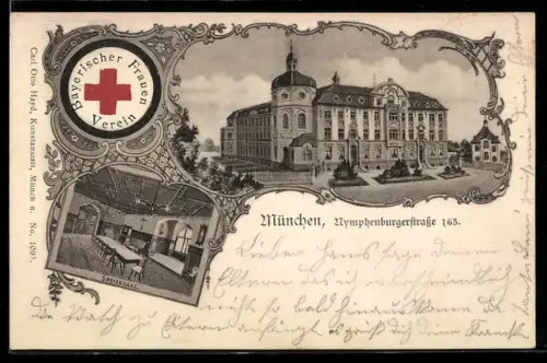 Lithographie München, Bayerischer Frauen-Verein, Nymphenburgerstrasse 163, Speisesaal, Innenansicht, Passepartout