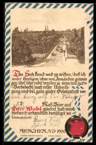 Lithographie München, Strassenpartie, Siegel, Passepartout