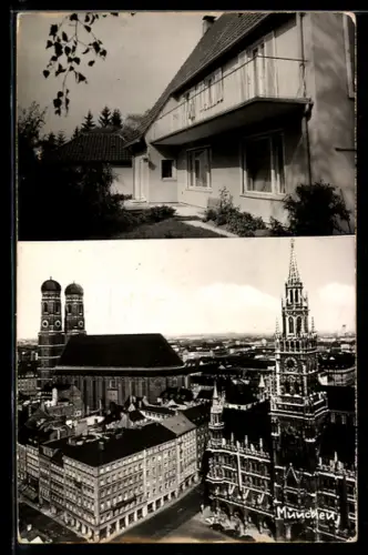 AK München, Pension, Strassenpartie mit Frauenkirche