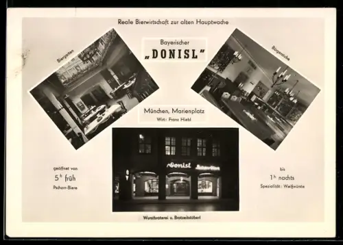 AK München, Gasthaus Bayerischer Donisl, Marienplatz, Innenansichten, Biergarten und Bürgerstube