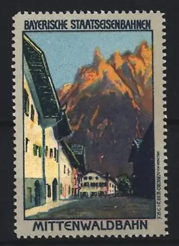 Reklamemarke Bayern, Bayerische Stattseisenbahnen, Mittenwaldbahn, Berglandschaft