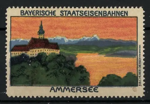 Reklamemarke Ammersee, Bayerische Staatseisenbahnen, Blick auf Kloster Andechs