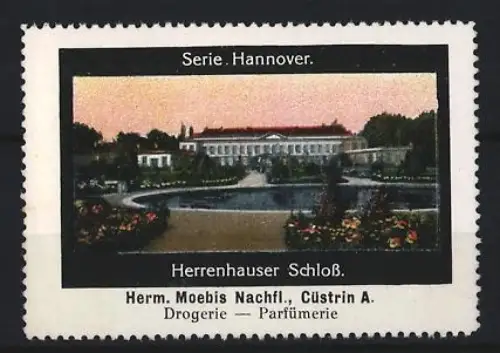 Reklamemarke Hannover, Herm. Moebis Nachfl. Drogerie-Parfümerie, Herrenhauser Schloss