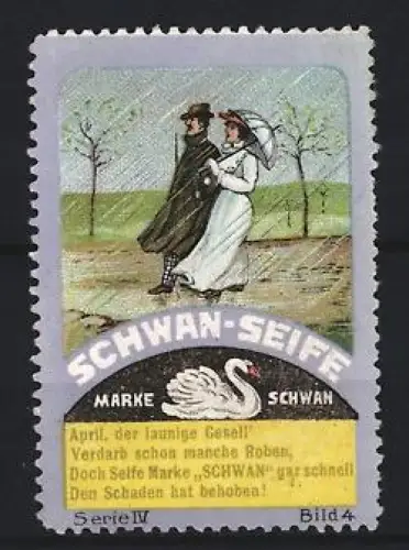 Reklamemarke Schwan-Seife, Paar auf Spaziergang im Regen, Schwan-Symbol