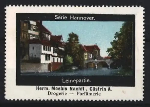 Reklamemarke Hannover, Herm. Moebis Nachfl. Drogerie-Parfümerie, Leinepartie, Flusslandschaft