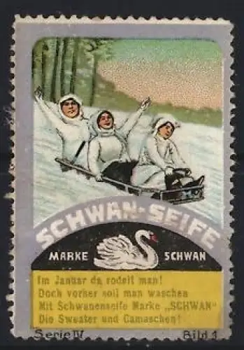 Reklamemarke Schwan-Seife, Kinder beim Rodeln, Schwan-Marke
