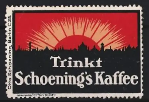 Reklamemarke Berlin, Schoening`s Kaffee, Sonnenaufgang über Stadtsilhouette