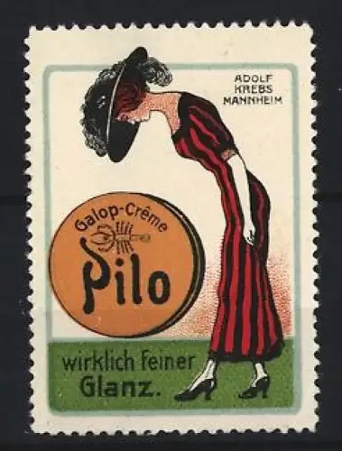 Reklamemarke Mannheim, Galop-Crème Pilo, Adolf Krebs Mannheim, Frau in rotem Kleid