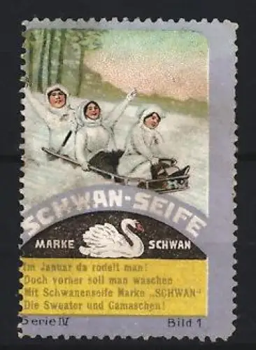 Reklamemarke Schwan-Seife, Rodelnde Kinder im Schnee, Schwan-Marke