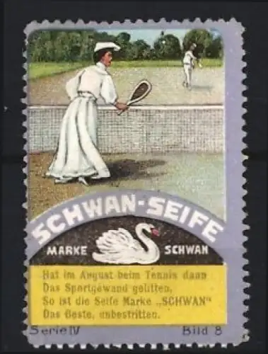 Reklamemarke Schwan-Seife, Paar beim Tennisspiel, Schwan als Symbol
