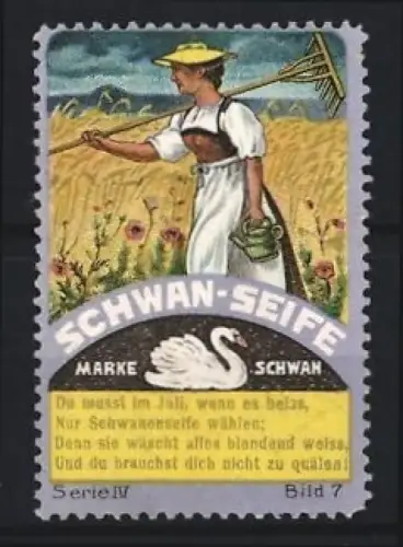 Reklamemarke Schwan-Seife, Frau mit Rechen und Giesskanne, Schwan-Symbol