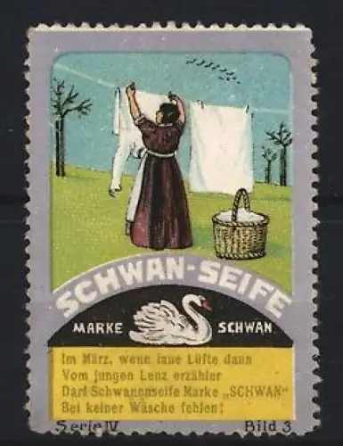 Reklamemarke Schwan-Seife, Frau beim Wäscheaufhängen, Schwan-Marke