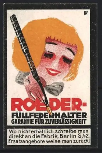 Reklamemarke Berlin, Roeder Füllfederhalter, Frau mit Füllfederhalter