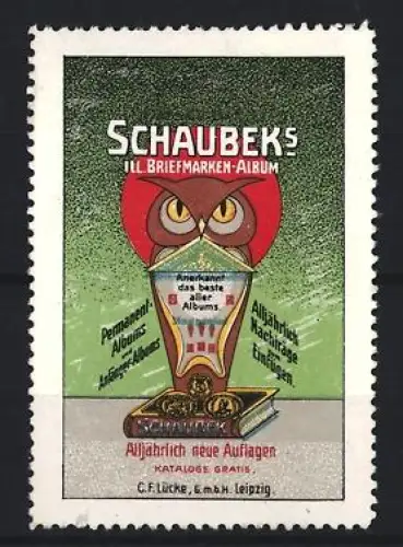 Reklamemarke Leipzig, Schaubeks Illustriertes Briefmarken-Album, Eule mit Buch