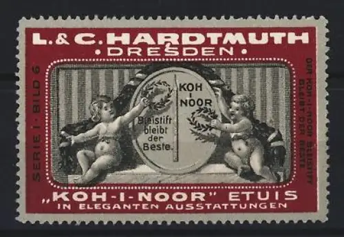 Reklamemarke Dresden, L. & C. Hardtmuth, Koh-I-Noor Etuis, Engel mit Kränzen