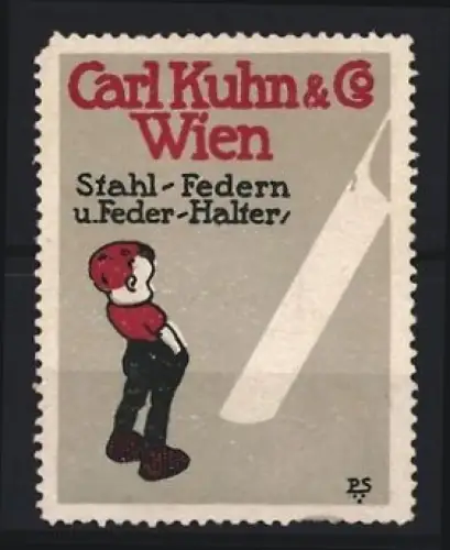 Reklamemarke Wien, Carl Kuhn & Co, Junge mit Federhalter