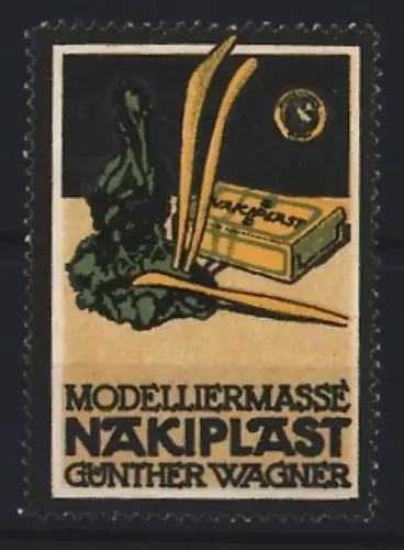 Reklamemarke Modelliermasse Nakiplast, Skulptur und Verpackung