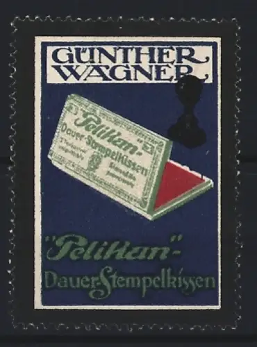 Reklamemarke Günther Wagner, Pelikan Dauer-Stempelkissen, Stempelkissen und Verpackung
