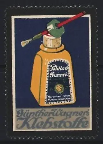 Reklamemarke Günther Wagner`s Klebstoffe, Klebstoffflasche mit Pinsel