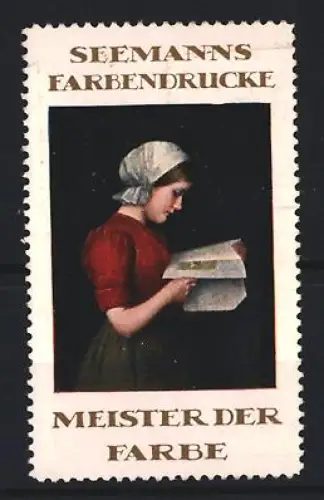 Reklamemarke Seemann`s Farbendrucke, Lesende Frau