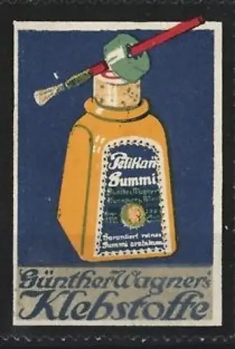 Reklamemarke Günther Wagner, Pelikan-Gummi Klebstoffe, Klebeflasche mit Pinsel
