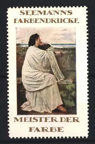 Reklamemarke Seemanns Farbendrucke, Sitzende Frau am Meer