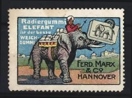 Reklamemarke Hannover, Ferd. Marx & Co., Radiergummi Elefant, Elefant und Reiter