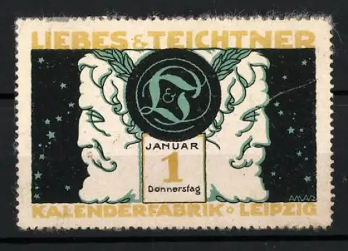 Reklamemarke Leipzig, Liebes & Teichner, Kalenderfabrik, Doppelgesicht