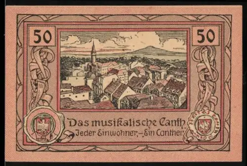 Notgeld Canth, 50 Pf., Ortsansicht und Wappen von Canth, Das musikalische Canth