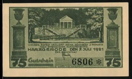 Notgeld Harzgerode 1921, 75 Pfennig, Parklandschaft und Architektur in Alexisbad