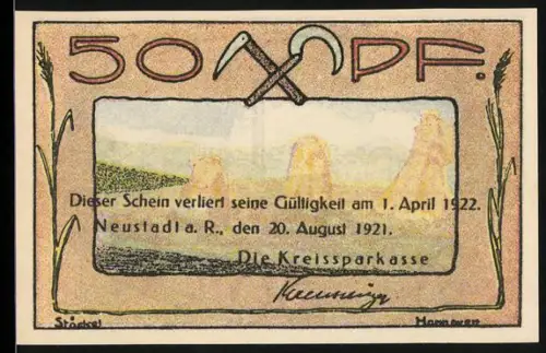 Notgeld Neustadt a. R. 1921, 50 Pf, Landschaft mit Getreidegarben und industrielle Gebäude