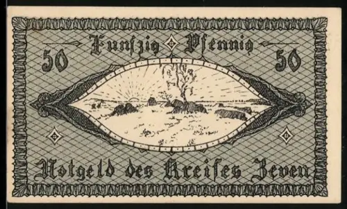 Notgeld Jever 1921, 50 Pfennig, Landschaftsmotiv mit Baum und Sonne