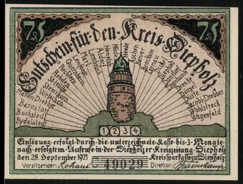 Notgeld Diepholz 1921, 75 Pfennig, Turm und Mann mit Schwein-Motiv
