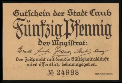 Notgeld Caub, 50 Pfennig, Ansicht einer Burg am Flussufer