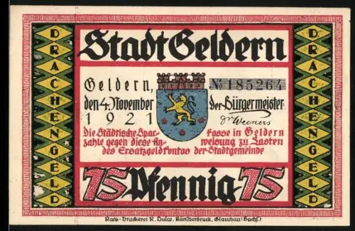 Notgeld Geldern 1921, 75 Pfennig, Wappen und mittelalterliche Szene mit drei Figuren in Silhouette