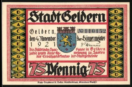 Notgeld Geldern 1921, 75 Pfennig, Stadtwappen und Drachenmotiv mit Schafen und Rittern