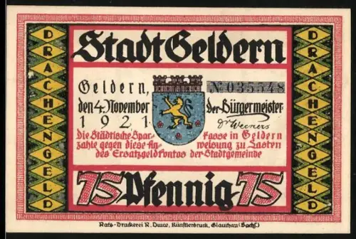 Notgeld Geldern 1921, 75 Pfennig, Wappen und Drache über Ortsansicht