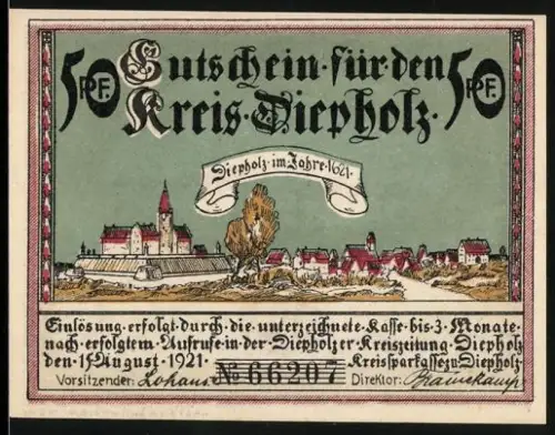 Notgeld Diepholz 1921, 50 Pf, Ortsansicht und historische Reiterszene