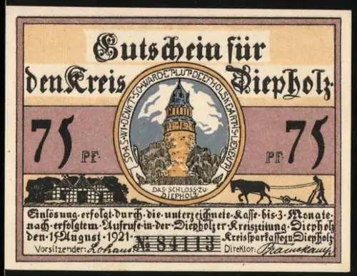 Notgeld Diepholz 1921, 75 Pf, Schloss Diepholz und Bauer mit Schwein und Gans